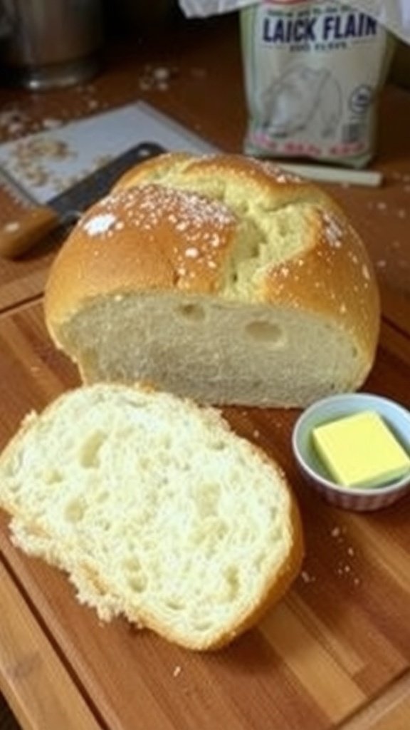 A golden-brown loaf of homemade bread sliced on a cutting board with butter.